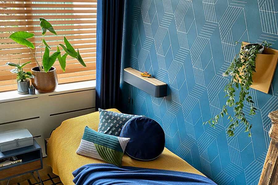Blauw gele slaapkamer